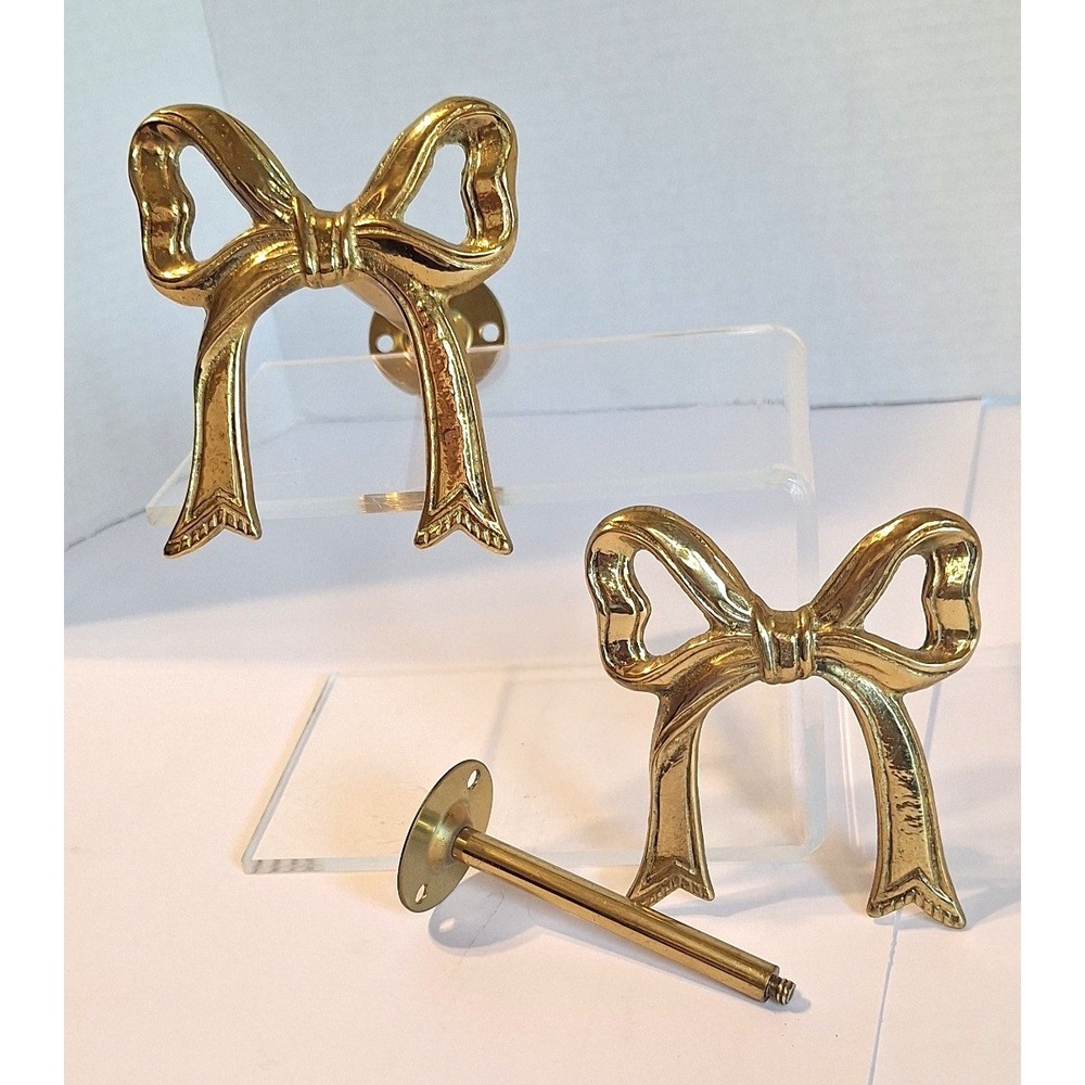 Vintage Brass Bow Curtain Tiebacks Set Gold Ribbon Wall Hooks Regency Decor 2pc